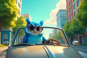 Ilustración de un búho conduciendo un auto por la ciudad