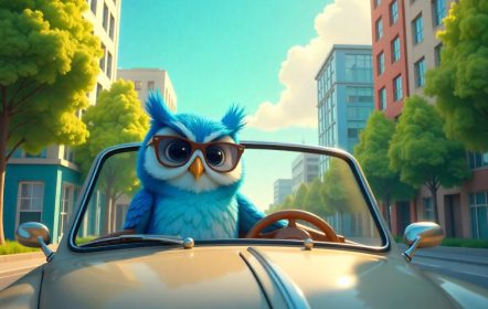Ilustración de un búho conduciendo un auto por la ciudad