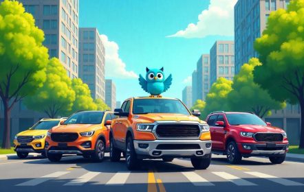 5 camionetas pickups de distintos colores, con un búho en el medio, en una tarde soleada