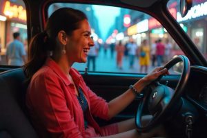 Mujer feliz conduciendo un auto