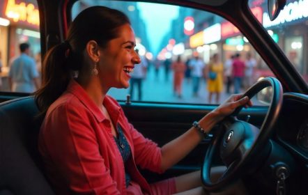 Mujer feliz conduciendo un auto