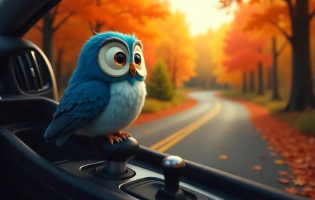Ilustración de un búho dentro de un auto con transmisión automática.