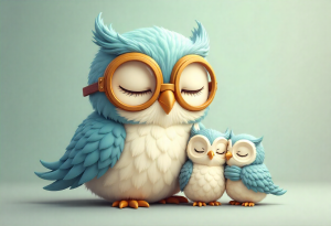 Animación de búho con sus hijos