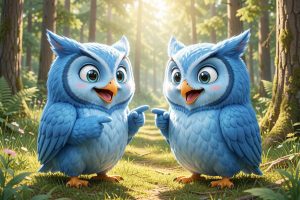 Dos búhos azules sonriendo y señalándose (Es una analogía por las similitudes entre el SOAP y el Seguro Obligatorio)