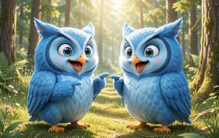 Dos búhos azules sonriendo y señalándose (Es una analogía por las similitudes entre el SOAP y el Seguro Obligatorio)