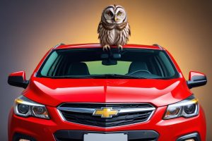 Chevrolet rojo de frente, con un búho en el techo