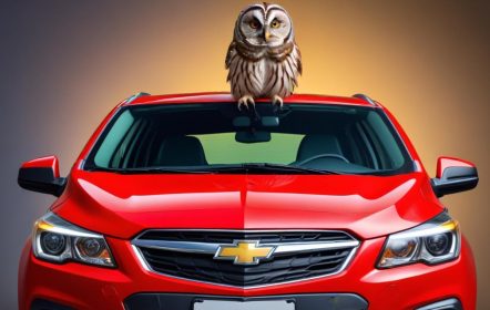 Chevrolet rojo de frente, con un búho en el techo