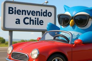 Búho animado en un auto rojo, en la frontera con Chile