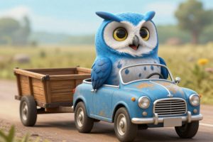A owl driving a car