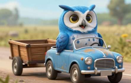 A owl driving a car