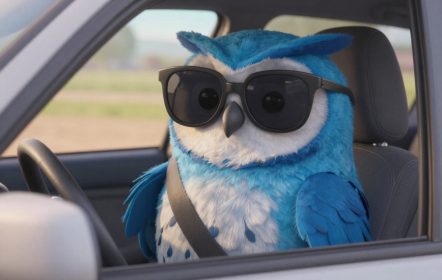 Buho con lentes de sol, conduciendo.